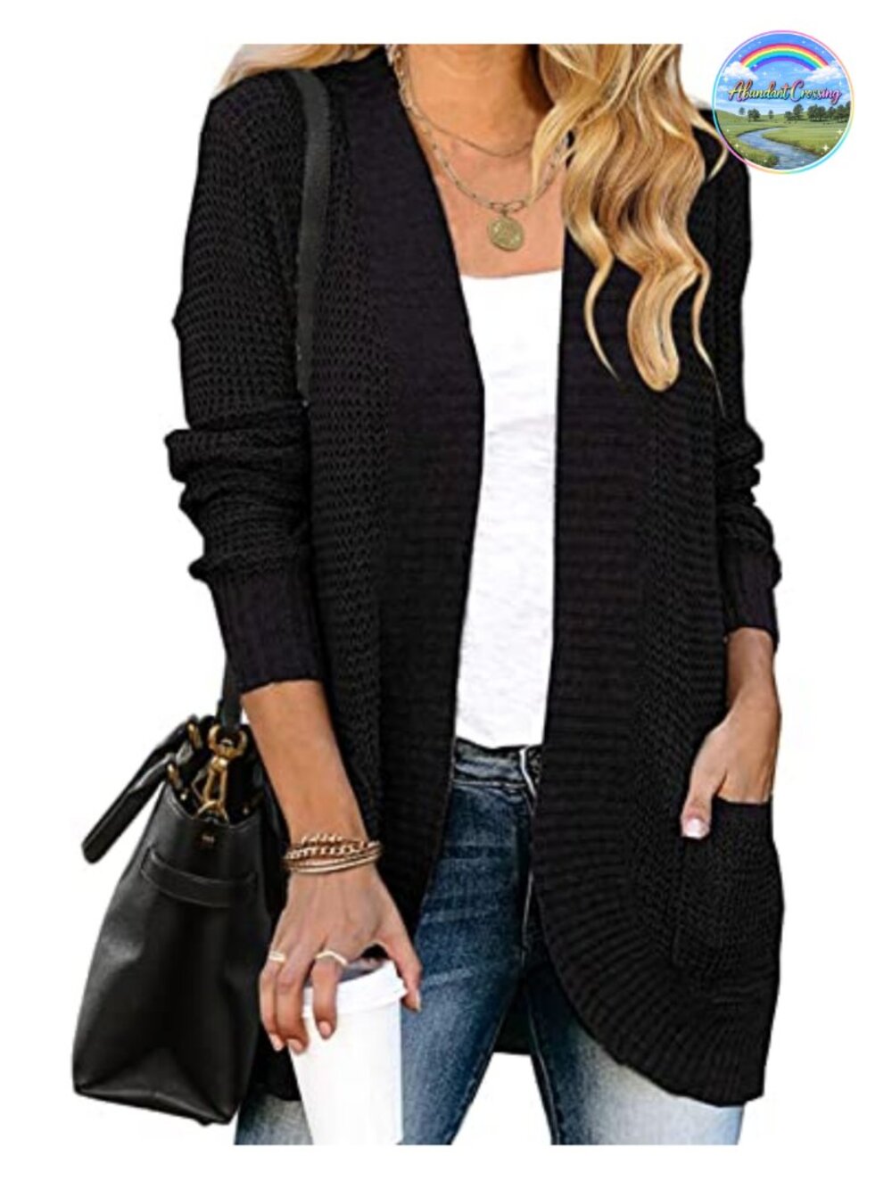 Womens Loose Fit Open Front Cardigan Long Sleeve Waffle Knit Draped Sweater